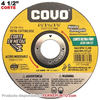 Disco de Corte Ultrafino para Metal 4 1/2 Pulgadas Covo